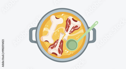 A top-down view of a cooking pot filled with golden bone broth and meat pieces