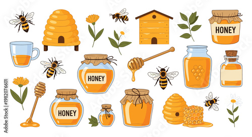 Colorful collection of honey and beekeeping elements, including cartoon bees, beehives, honey jars, dippers, and flowers on a clean white background.