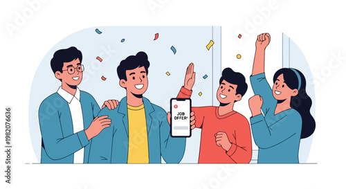 Four happy friends celebrating as one displays a job offer on a smartphone screen