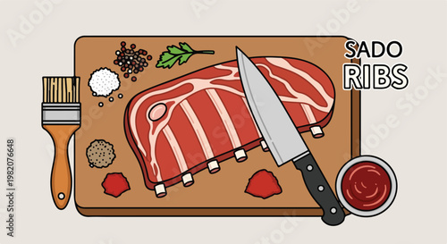 Raw pork ribs on a cutting board with a knife, basting brush, spices, and sauce