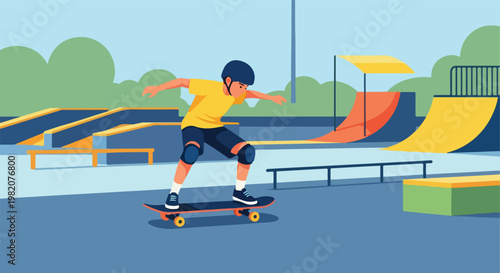 A young person wearing a safety helmet and knee pads skating in a skate park