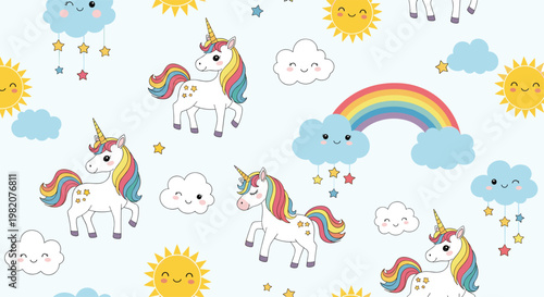 Adorable seamless pattern for children with cute unicorns, rainbows, smiling suns, and fluffy clouds on a sweet light blue background.