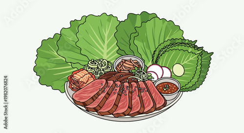Illustration of sliced cooked beef served with fresh lettuce, kimchi, and sauce