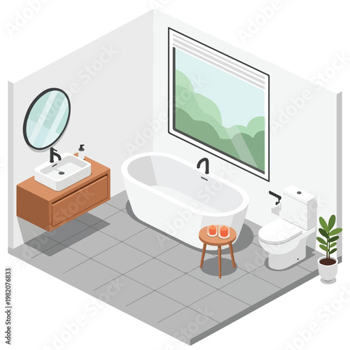 An isometric view of a clean modern bathroom with a tub, sink, and large window