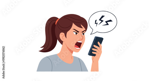 An angry young woman yells at her mobile phone with a lightning bolt speech bubble