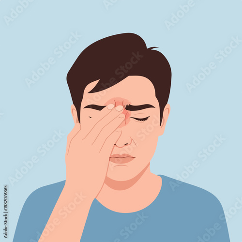 Illustration of a man suffering from a headache and holding his painful forehead