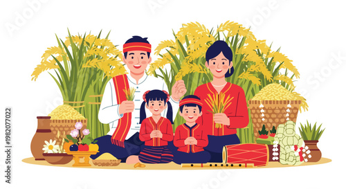 A happy Southeast Asian family celebrating a rice harvest in traditional clothing