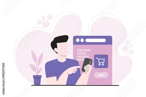 Flat illustration of a man shopping online using smartphone with shopping cart icon. Concept of mobile commerce, online payment and digital checkout.