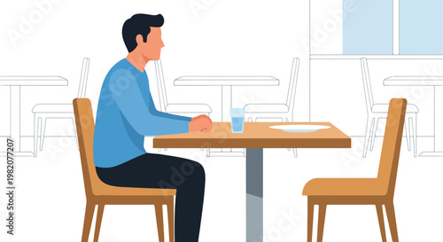 A man in a blue shirt sits alone at a cafe table with a water glass and plate