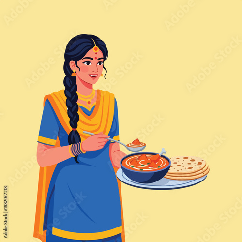 An Indian woman wearing a blue outfit holding a tray of curry and flatbreads