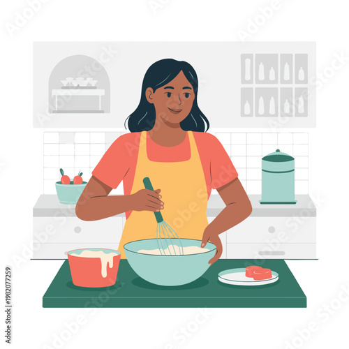 A woman in a yellow apron stands in a kitchen mixing a bowl of food with a spoon