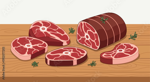 A variety of fresh raw red meat cuts arranged on a wooden cutting board surface