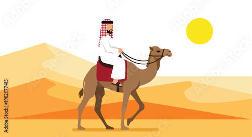 A man in traditional Middle Eastern attire riding a camel through the desert