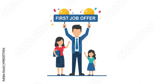 A man in a suit celebrates a first job offer with his wife and young daughter