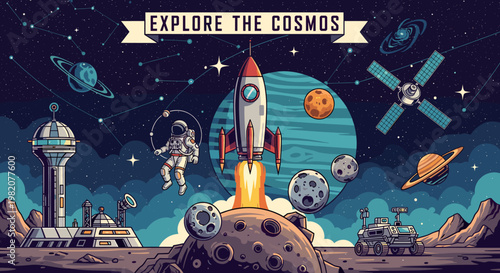 A vibrant illustration of space exploration with a rocket launch, astronaut, planets, and a lunar base.