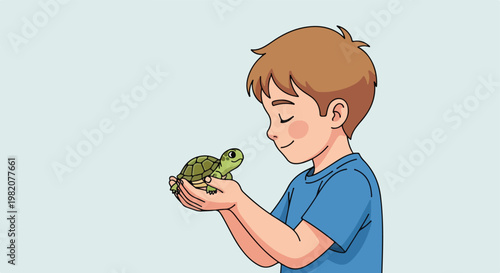 A young boy gently holds a small green turtle in his hands with a gentle smile