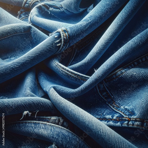 A close-up view showcases the textured folds and classic blue wash of several denim jeans.