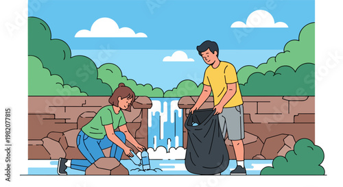 A man and woman collecting plastic bottles from a waterfall to help the nature
