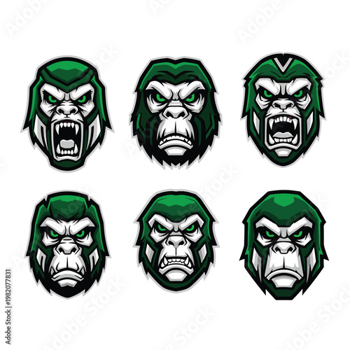 Set of aggressive gorilla head mascot logos with green color scheme.