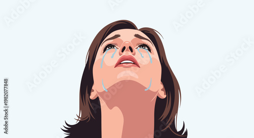 A detailed illustration of a distressed woman looking up with tears streaming down