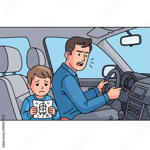 An upset father driving a car while his sad son holds a drawing of a family