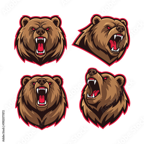 Set of aggressive grizzly bear head mascot logos for sports teams.
