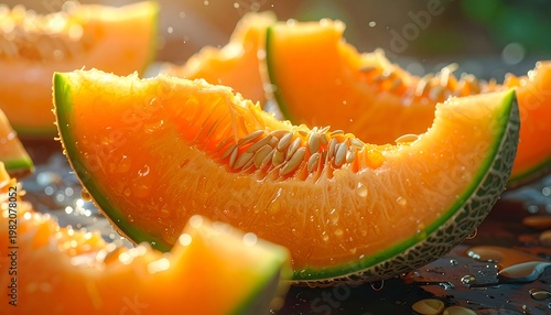 Slices of ripe, juicy cantaloupe glow in sunlight, seeds and droplets visible on the orange flesh