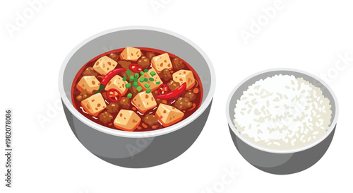 A bowl of spicy tofu with minced meat alongside a bowl of white steamed rice