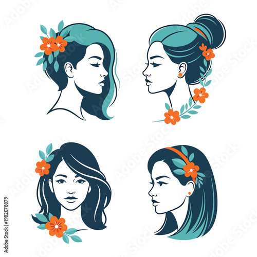 Collection of stylized portraits of young women with floral hair decorations.