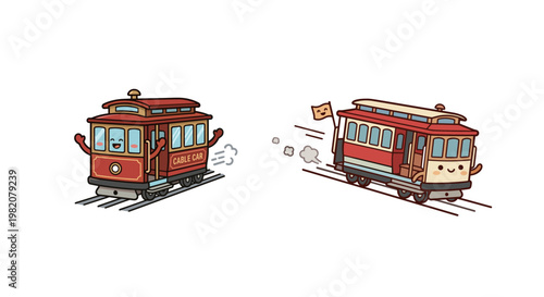 Vintage Red Cable Car Characters Traveling on Rails, Traditional San Francisco Style Streetcar Kawaii Transport Mascot Vector Illustration