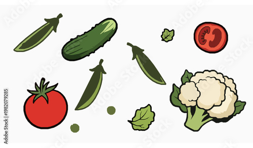 Colorful hand drawn vegetable collection cucumber tomato peas cauliflower abstract icon set