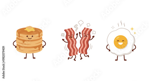 Delicious Breakfast Food Character Trio with Stack of Pancakes Bacon Strips and Fried Egg, Kawaii Brunch Meal Mascot Vector Illustration Set