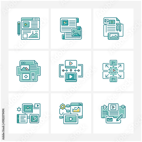 Collection of line icons representing digital content creation and online media management workflow