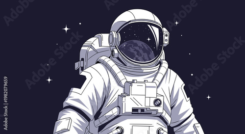 Detailed illustration of an astronaut in a spacesuit floating in the vastness of space with stars and a planet reflection.