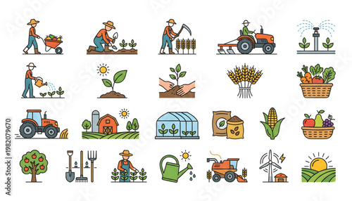agriculture and farming icon set with flat vector style on transparent background
