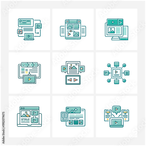 Collection of line icons representing digital content creation and online media management workflow