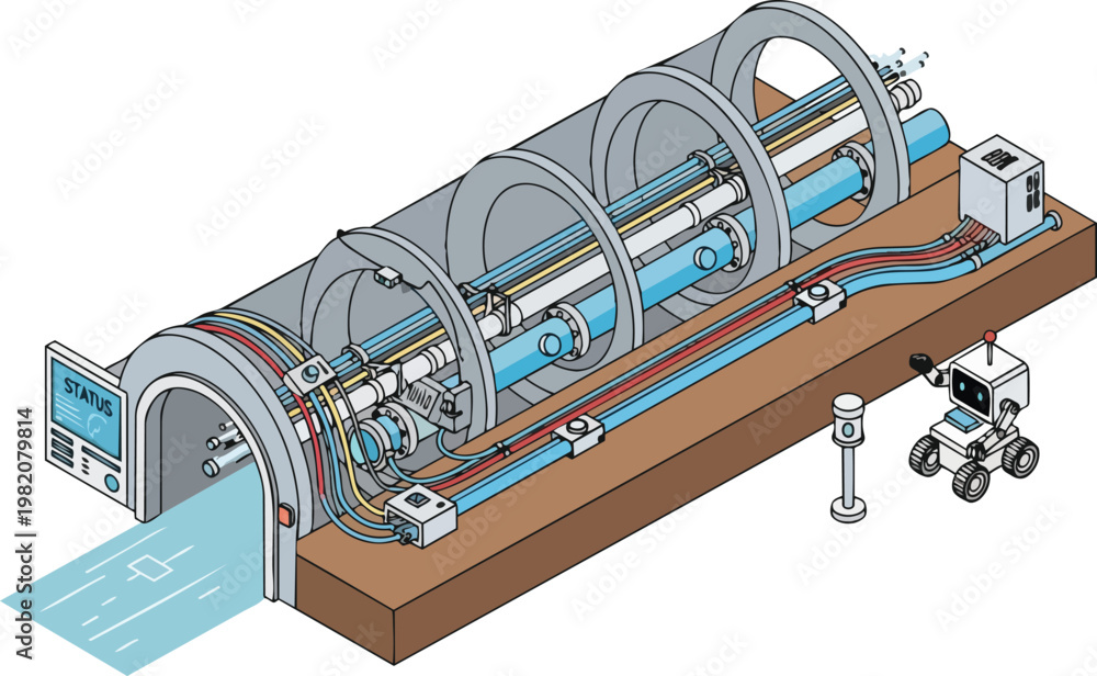 Naklejka premium Isometric Illustration of a Futuristic High-Tech Tunnel Infrastructure with Robot and Scientific Equipment, Particle Accelerator or Hyperloop Technology Concept