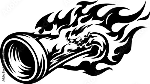 Black and white graphic of a smoking cannon surrounded by stylized flames
