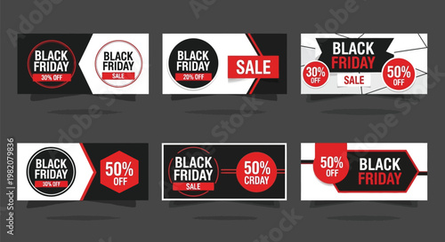 Black Friday sale vector labels, discount banners, 50% off signs