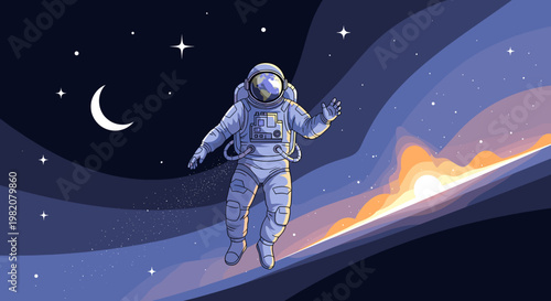 Astronaut floating in the vastness of space with a crescent moon and stars in the background, and a glowing horizon.