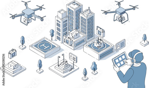 Isometric Smart City Drone Delivery Logistics Illustration with Remote Operator and Automated Shipping Infrastructure