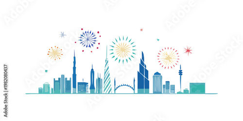 Dubai skyline with colorful fireworks celebration backdrop
