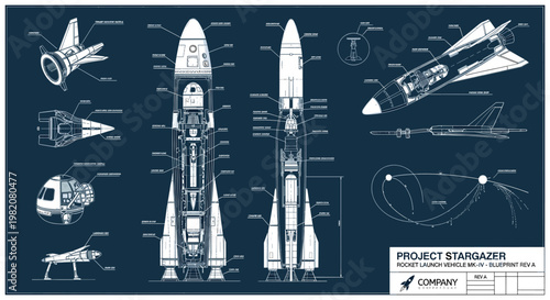 Blueprint of Project Stargazer Rocket Launch Vehicle, showcasing detailed internal and external views, engine components, and flight path schematics.