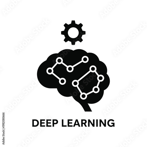 A stylized black silhouette of a human brain with a gear above it representing deep learning concepts high quality professional
