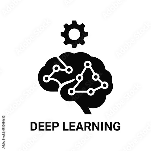 A stylized black icon depicts a human brain integrated with gears and connected nodes representing deep learning high quality professional