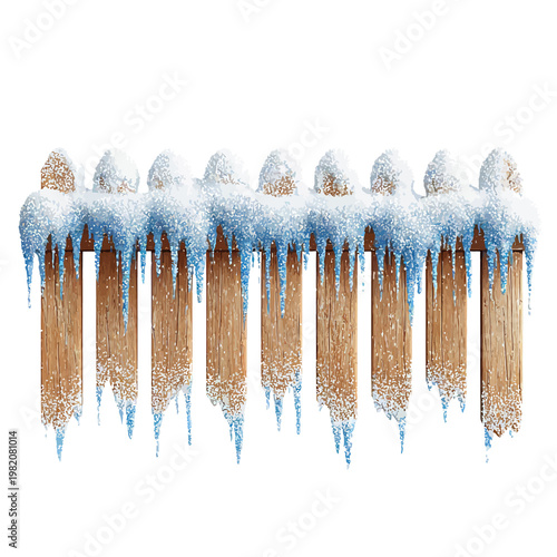 A wooden fence is covered in snow and icicles, winter's chill