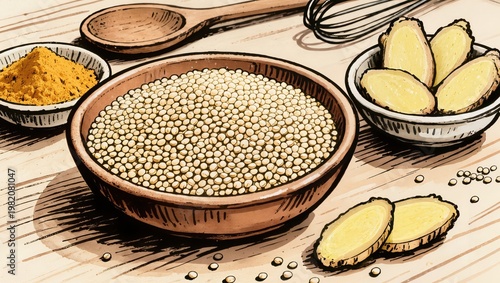 Detailed Ink Sketch Illustration of Ayurvedic Cooking Table with Quinoa