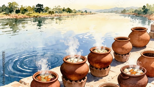 Serene Watercolor Illustration of Ayurvedic Cooking by the River