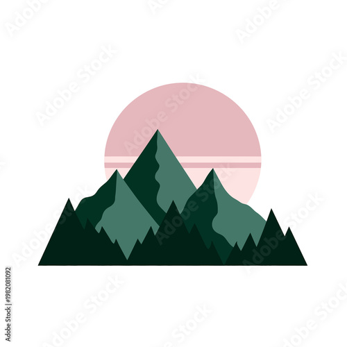 Minimalist mountains and pale sun with dark forest