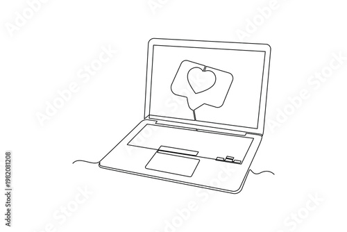 Laptop Displaying Social Media Marketing Icon. Digital Marketing Concept. Single line draw design. Vector graphic illustration